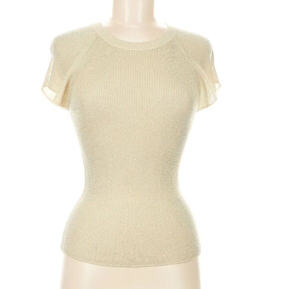 NEW ME+EM Metallic Ribbed Cap Sleeve knit Tee Shirt Top pale cold Size Medium - Picture 2 of 9